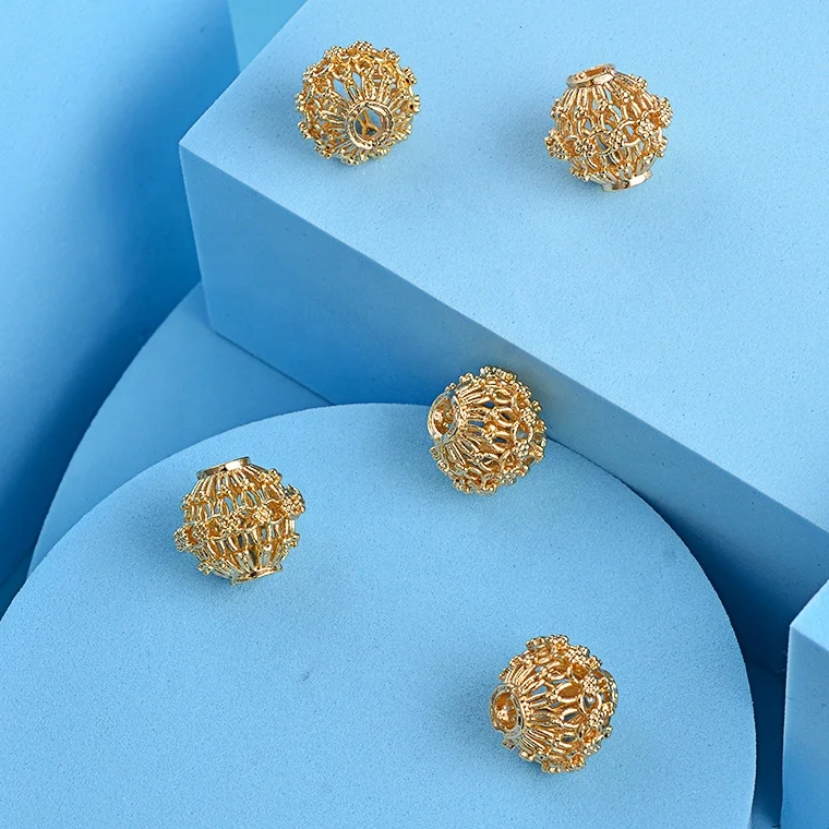 Large Hole 18K Gold Plated Copper Round Lantern Hollow Loose Spacer Beads for Jewelry Making Findings DIY Crafts Accessories