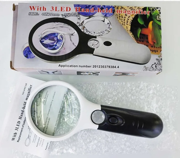 Оптовая продажа, мощное ручное круглое увеличительное стекло с 3 светодиодами для чтения