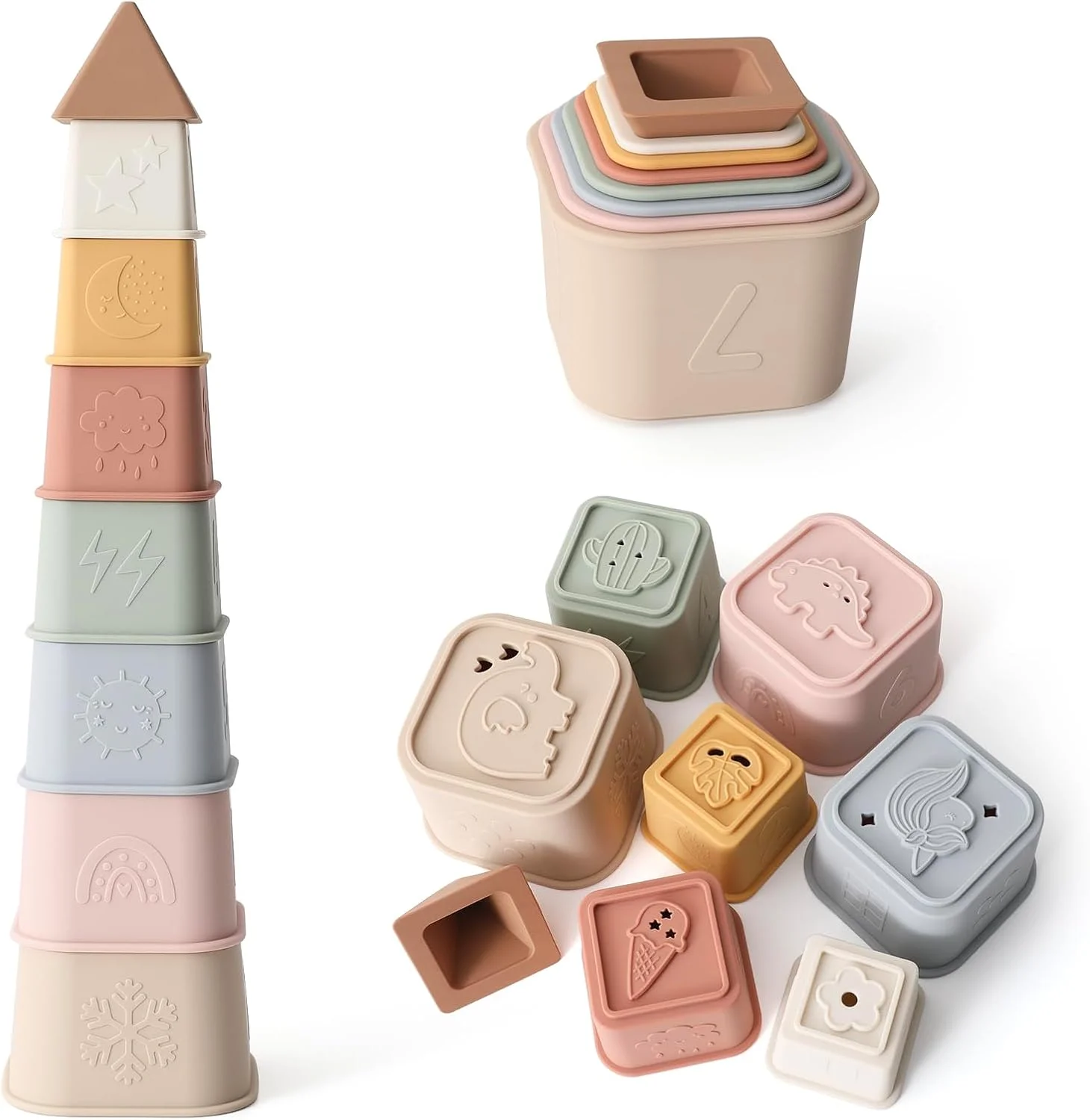 8PC Silicone Stacking Cups Lighthouse, Soft Teething Toy Educational Baby Toys, Castle Building Toys Blocks Playing Set