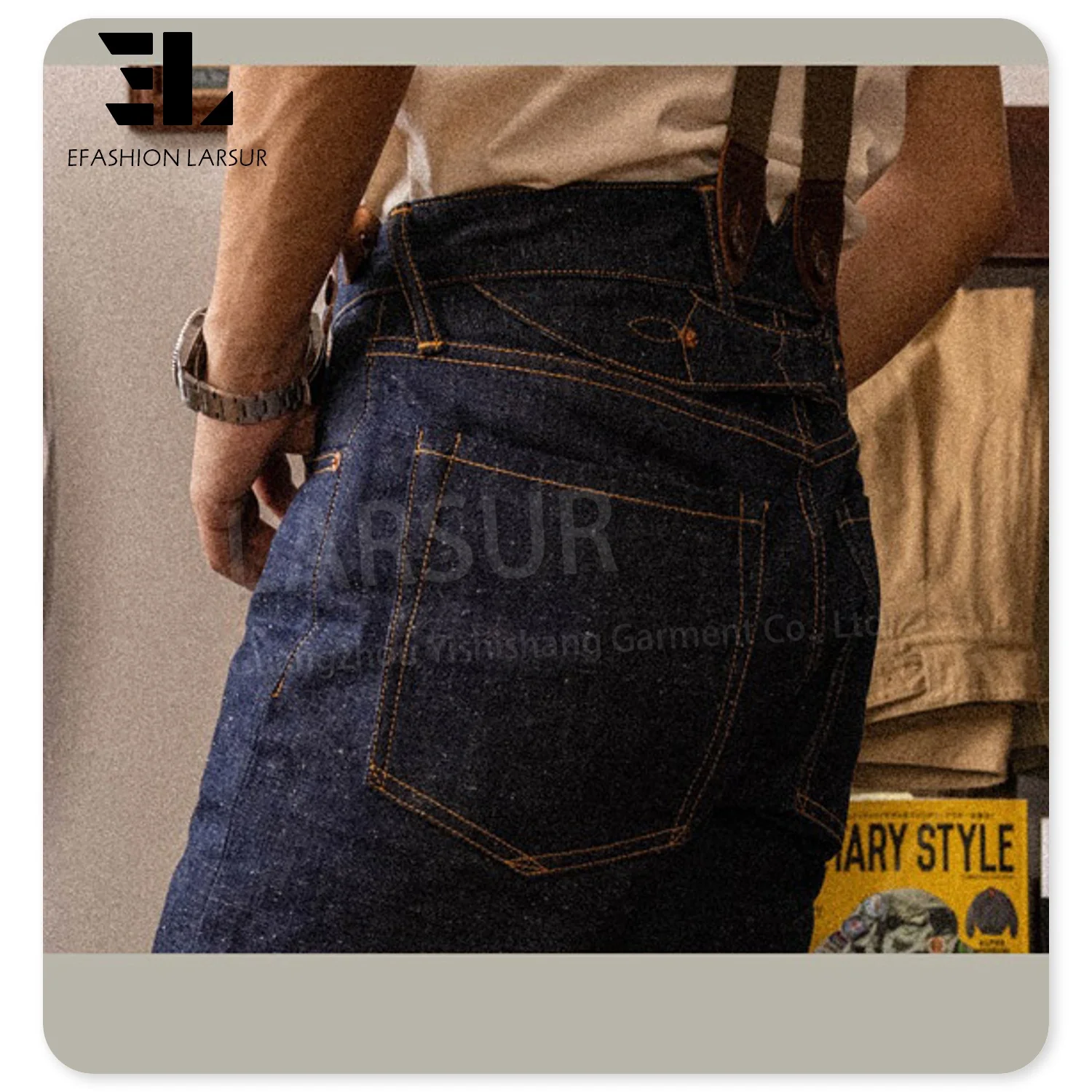 LARSUR Custom denim manufacturer bukleback work raw selvedge denim jeans men paris buckle straight slim red selvedge denim pant