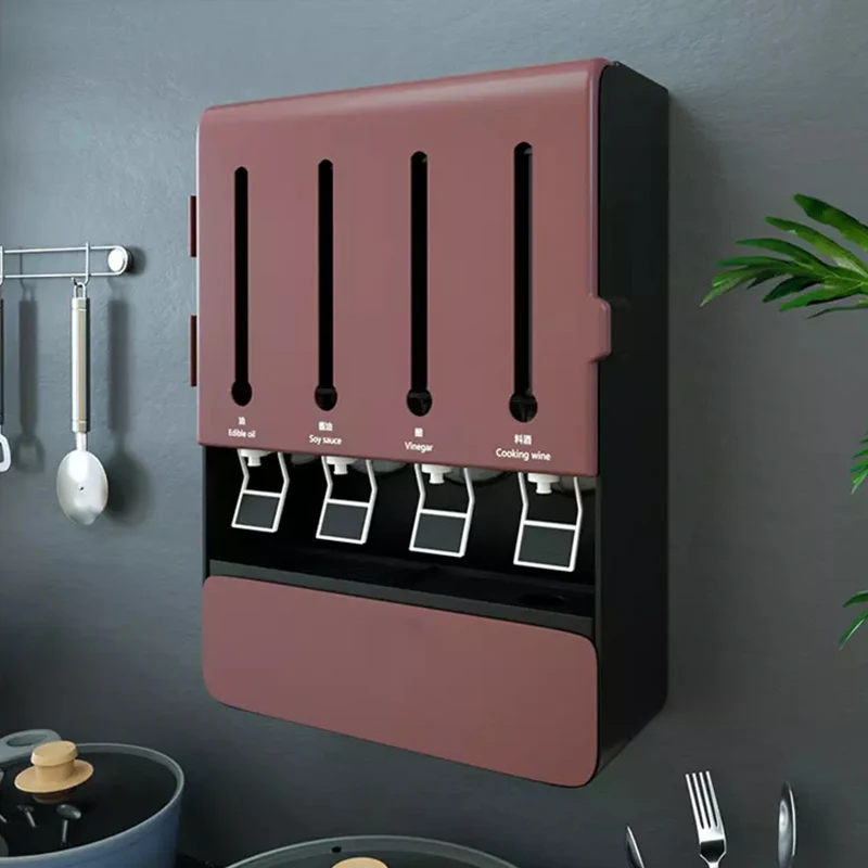 Multifunctional Plastic Kitchen Oil Liquid Seasoning Dispenser Wall Mounted Faucet Condiment Storage Box Spice Rack Organizer