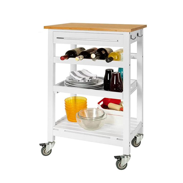 Kitchen Island Serving Cart WIth Wheels Drawer Shelf Wine Rack Rolling Kitchen Trolley Storage Cart with Utility Bamboo Tabletop