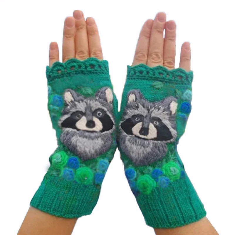 Wholesale Cross Border Autumn And Winter Long Warm Adult Women Knitted Koala Embroidered Wool Mitten Female