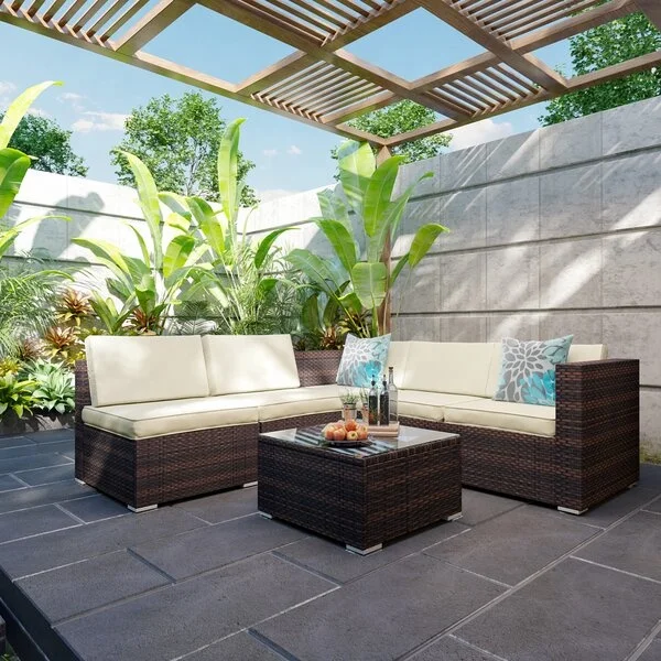 Factory Export Hot Selling Style L Shape Beige Garden Sets Patio Rattan Outdoor Furniture Sofa Set