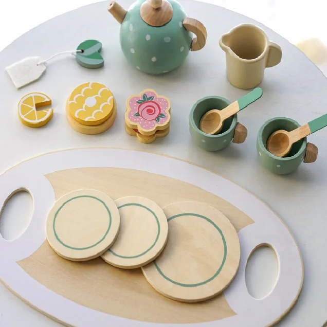 Pretend Play Preschool Wooden Kids Toys Tableware Play Set Afternoon Tea Dessert Cake Sales Tea Pot Cup Wooden Tea Set