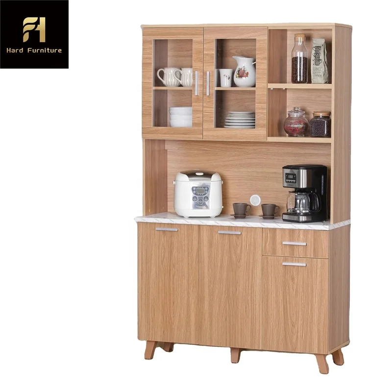 Customized Modern Design White Marble Top Wood Storage Cabinet Oak Kitchen Cabinet