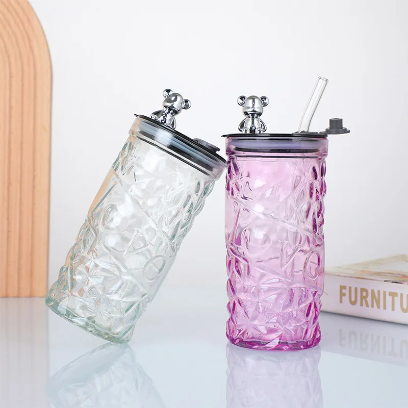 Wholesale 350ml New Luxury Design With Cover Bear Transparent Glass Mug With Straw Light Fancy Creative Drinking Cup