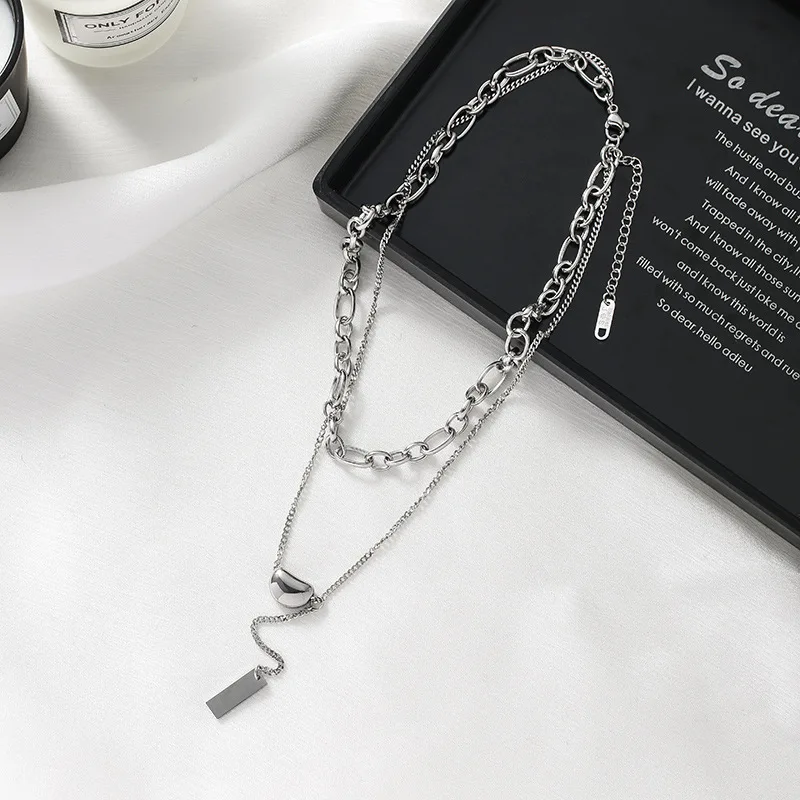 Korean Titanium Steel Necklaces Unique Bean Geometric Rectangle Tassel Pendants Double Layered Necklace for Women Jewelry