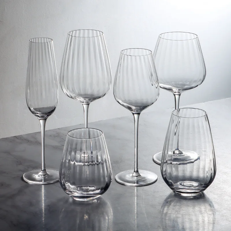 Vintage Vertical Lined Striped Glass Goblet Cup Clear Round Ribbed Wine Glasses With Stripe Line Robber Luxury Origami Style