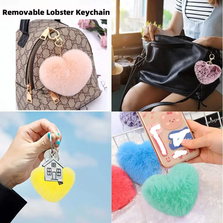 Heart Keychain Fluffy Pompom Keychain Heart Plush Key Chains