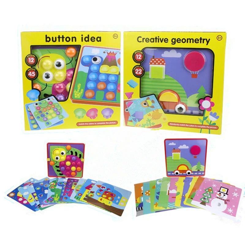 Button Art Toy for 3 Year Old Color Matching Mosaic Pegboard Early Learning Toy Gifts for Boys and Girls Toddlers, 12 Pictures
