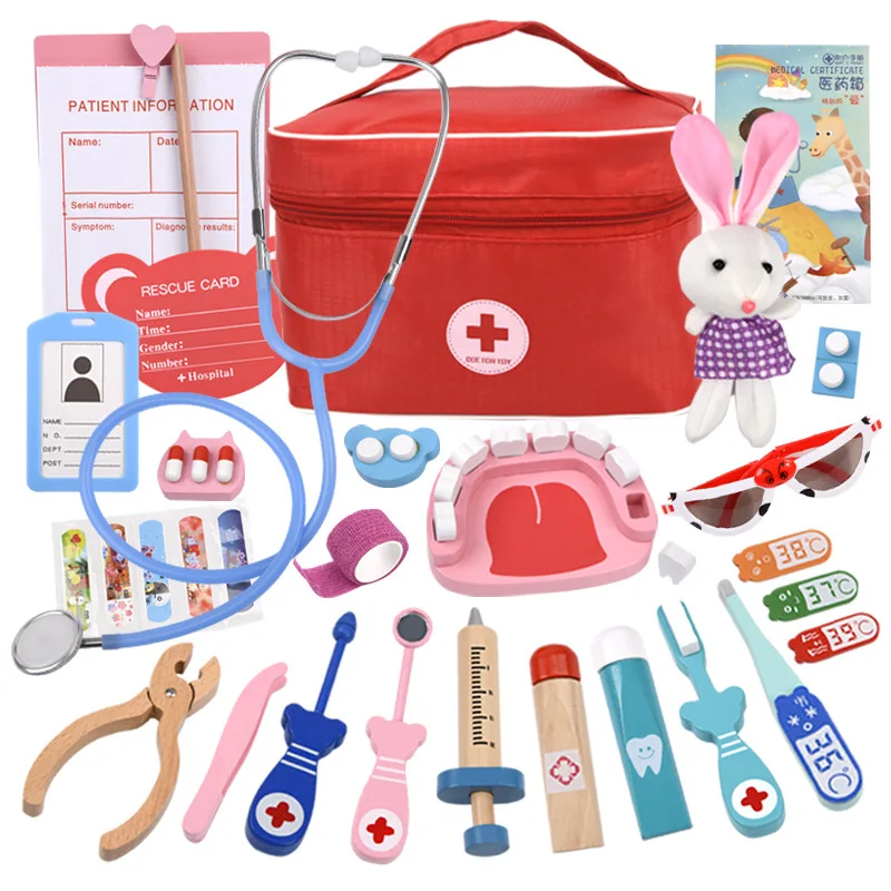 Kids Wooden Educational Pretend Toy Doctor Kit Dentist Kit Role Play Medical Toy Set for Toddler Boys and Girls