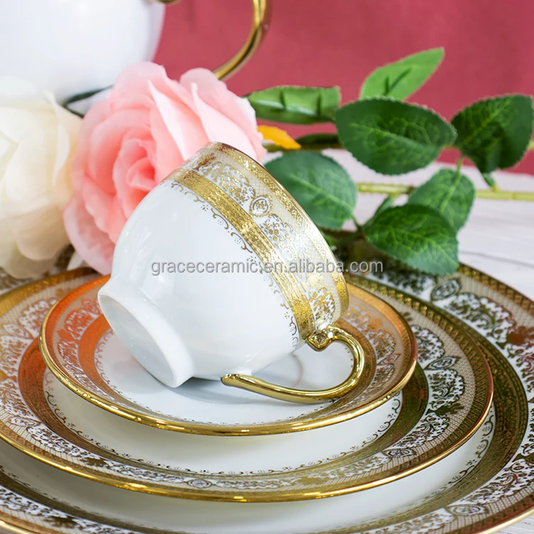 Elegant India Arabic Dubai Market Fine Porcelain New Bone Gold Dinner Set Dinnerware 86 pcs Gold Dinner Sets For 12 Persons