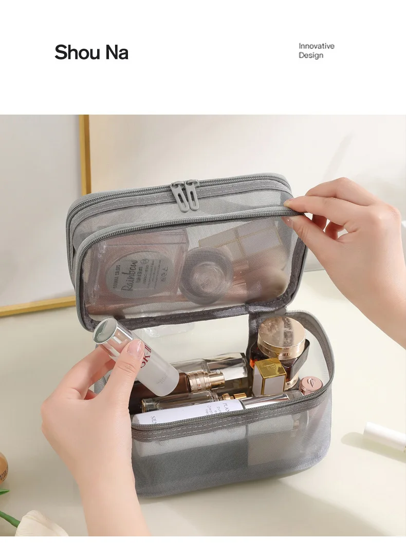 Wholesale Two Layer Grey Mesh Cosmetic Bags Toiletries Makeup Pouches Recycling Mesh Zipper Bag Nylon Mesh Bag Travel Pouch