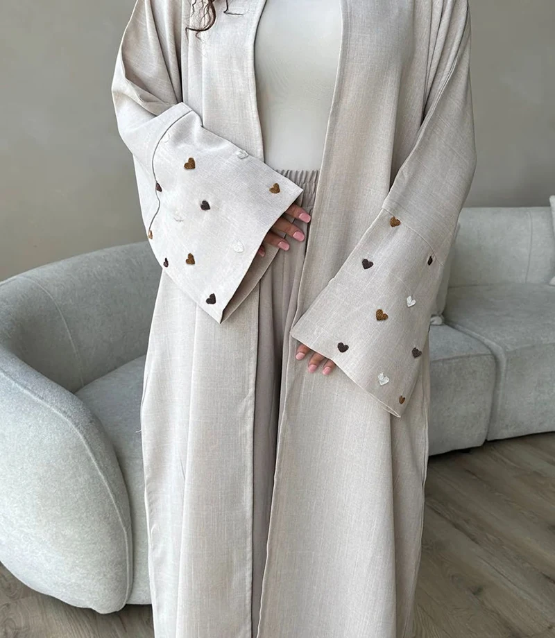 2024 New Arrival Heart Pattern Embroidery Linen Open Abaya Islamic Muslim Eid Fashion Modest Kimono Abaya Women
