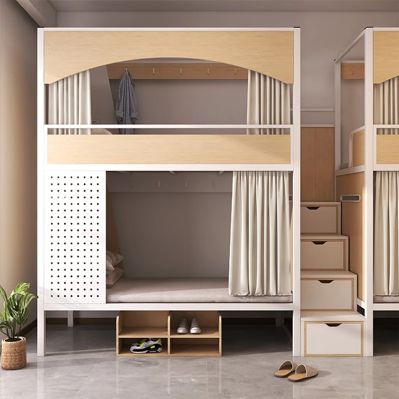 Wholesale Double Bunk Bed Strong Metal and Wood Frame Dormitory Beds With Curtains and Cabinets