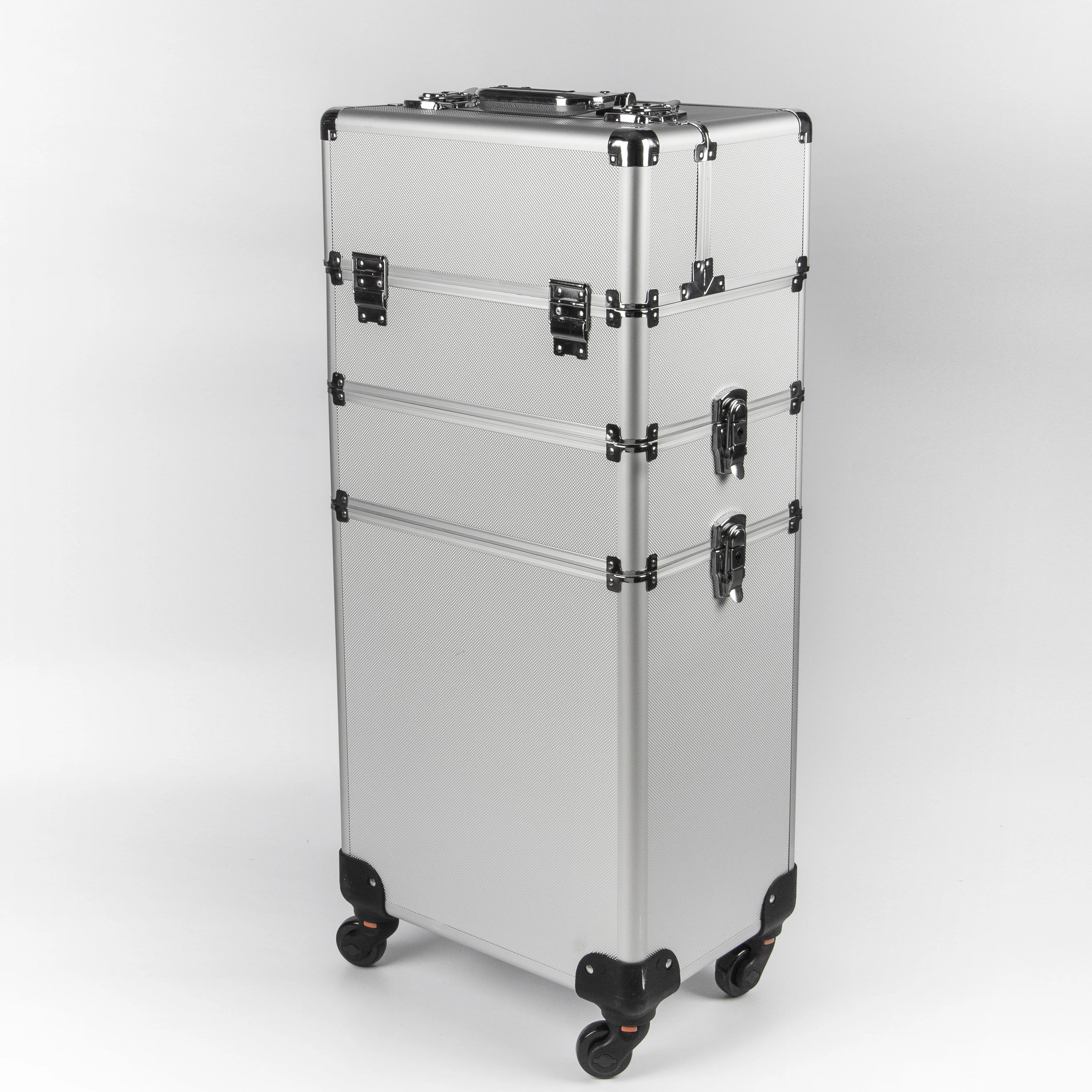 Silver aluminum beauty cosmetic case portable  Makeup trolley case with 4 wheels