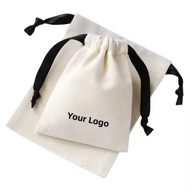 Durable Custom Logo Printed Organic Canvas Drawstring Cotton Dust Bag Jewelry Pouch