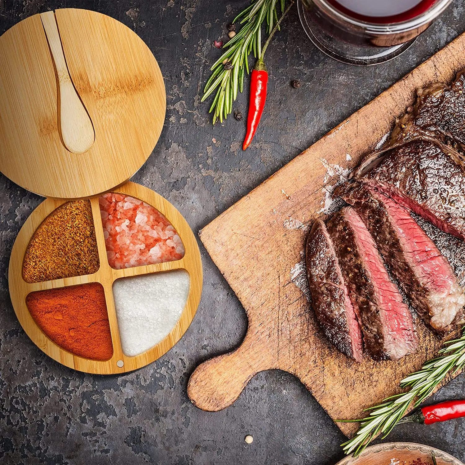 Bamboo Salt Box with Spoon Spice and Seasonings Storage Container with Swivel Magnetic Lid Round Condiment Salt Jar