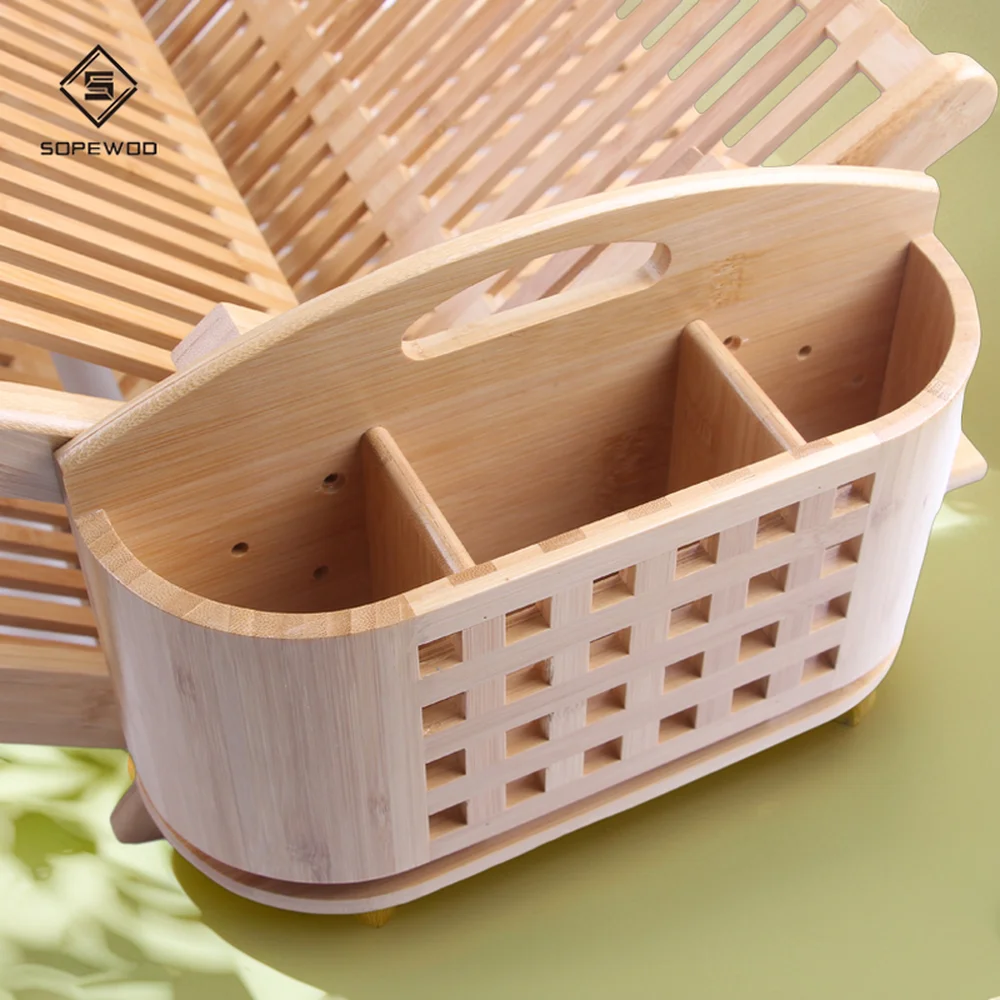 Double-Tiered Collapsible Bamboo Dish Drying Rack with Utensil Holder Durable Kitchen Storage for Sink OEM ODM Design