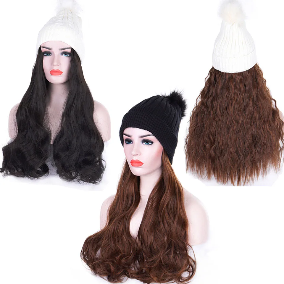 Synthetic Long Wavy Straight Curly BOBO Hair Wig Hat Black Brown Female Heat Resistant Autumn Winter Knitted Hat Hair Extension