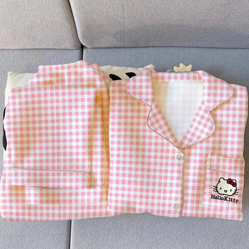 Женская осенне-зимняя клетчатая Пижама Hello Kitty милая бархатная длинная Домашняя одежда плотный теплый костюм