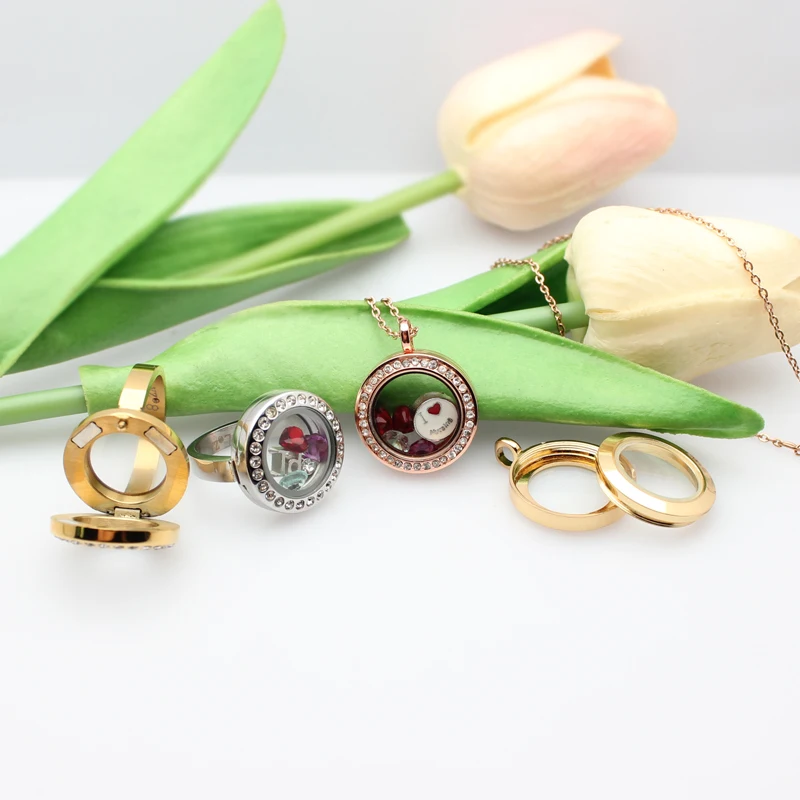 Wholesale 20mm Stainless Steel Glass Locket Ring Medallion Floating Locket Fit Living Memory Charms Ashes Necklace KeyChain Gift
