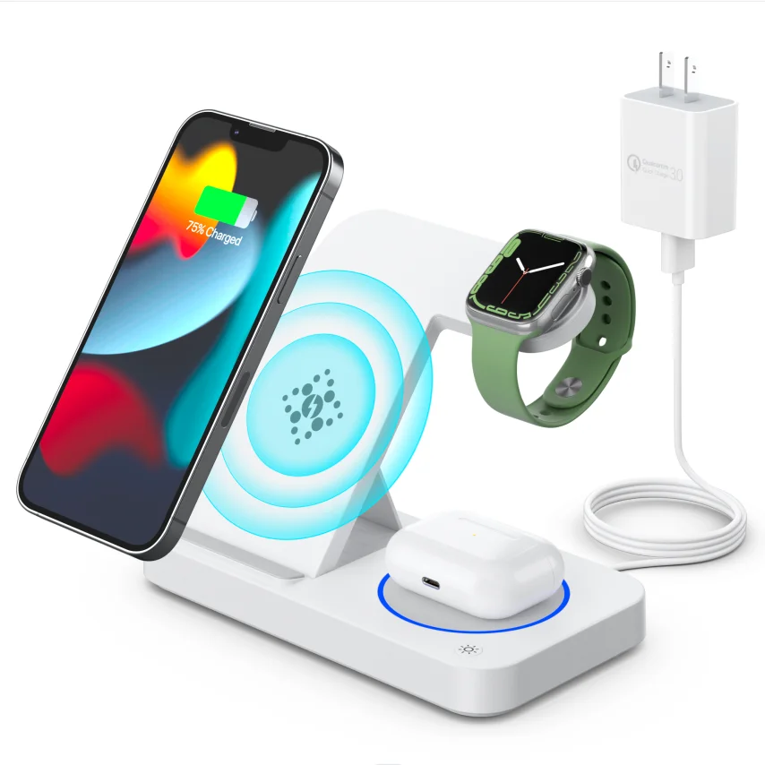 Trending 2022 3 in 1 Wireless Charger Stand Qi Fast Charging 10W 15W For Iphone Wireless Charger Lamp Desktop Charging Station