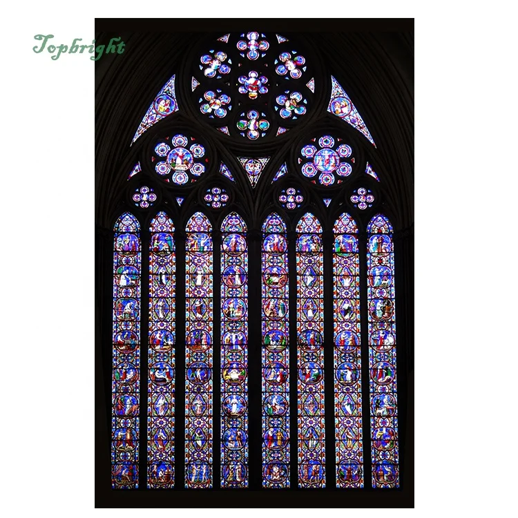 Готический дизайн фиксированный узор водонепроницаемое висячее окно из витражного стекла для церкви