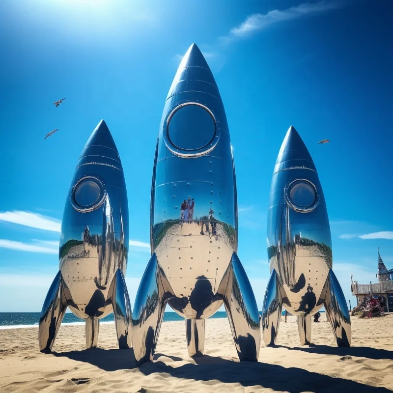 Custom Giant Outdoor Modern Space Themed Art Metal Mirror Polish Rocket Large Stainless Steel Cartoon Rocket Ship Sculpture