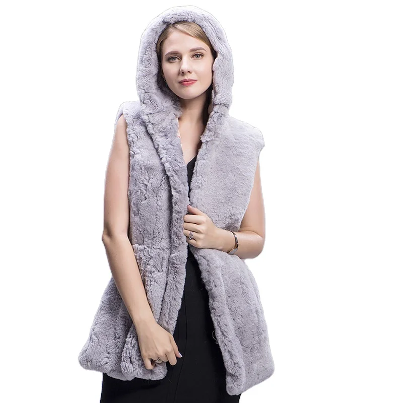 MWFur Fashion Women Hooded Fur Coat Rex Rabbit Fur Waistcoat Fashion Winter Jacket Fur Coat Sleeveless Elegant Women Coat