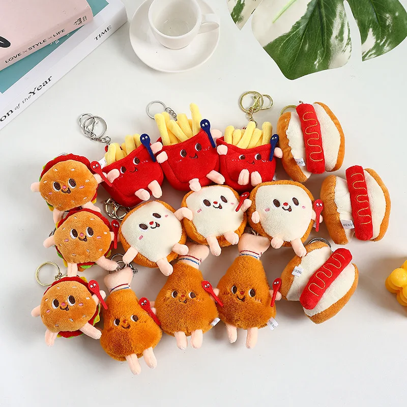 Cute Plush Keychains Toys Trend Fashion Soft Plush Doll Food Chips Hamburger Chicken Leg Toast Bread Plush keychains toys