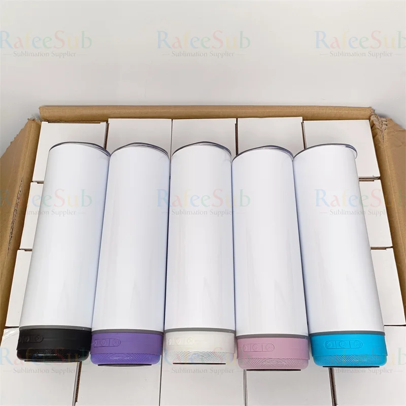 USA Warehouse Colorful 20oz Skinny 20 oz Straight Heat Press Printing Blank Sublimation Music Tumbler Cup with Wireless Speaker