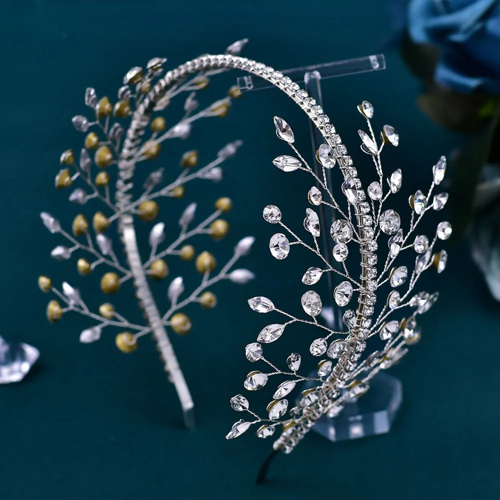 BELLEWORLD bride accessories handmade high quality silver rhinestone leaf shape wedding headpiece rhinestone headbands for bride