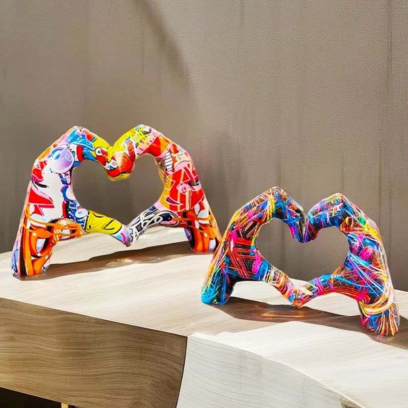 Modern Home Office Coffee Table Bedroom TV Cabinet Heart Gesture Decor Sculpture Colorful Heart Hands Statue Love Hand Sculpture