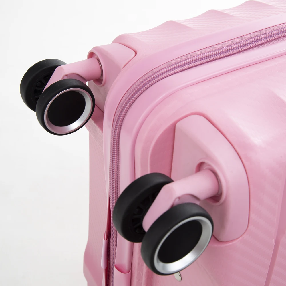 
Excellent PP material 3 piece luggage set pink suitcase with aluminum alloy trolley 
