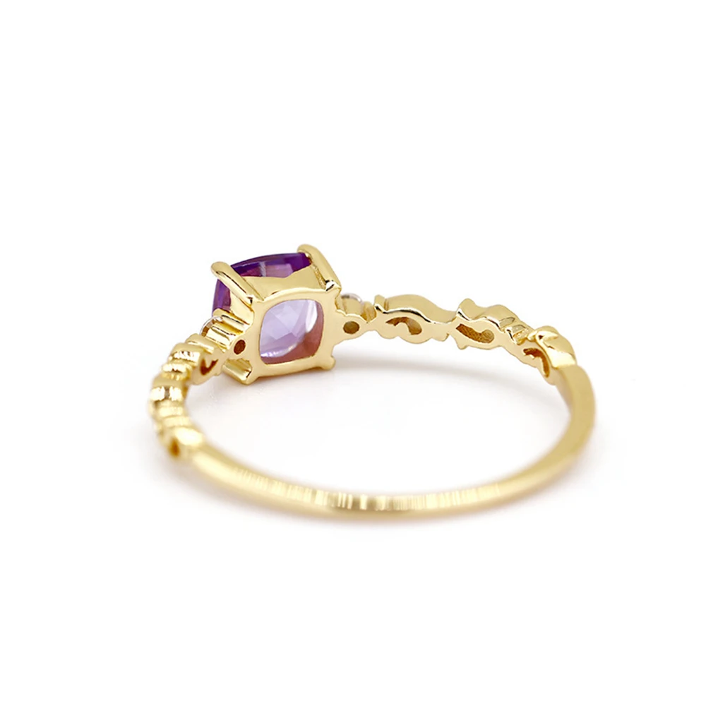 925 Sterling Silver 14K Gold Plated Jewellery Gemstone Series 5Mm Square Stone Amethyst Court Flower Wispy White Zircon Ring