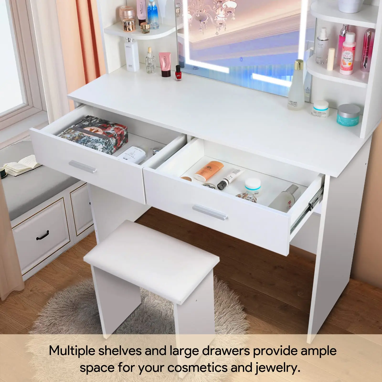 Factory Wholesale Customized Cheap Lights Makeup  Vanity Table Lighted Mirror Dressing Table Led Mirror makeup desk With Drawers