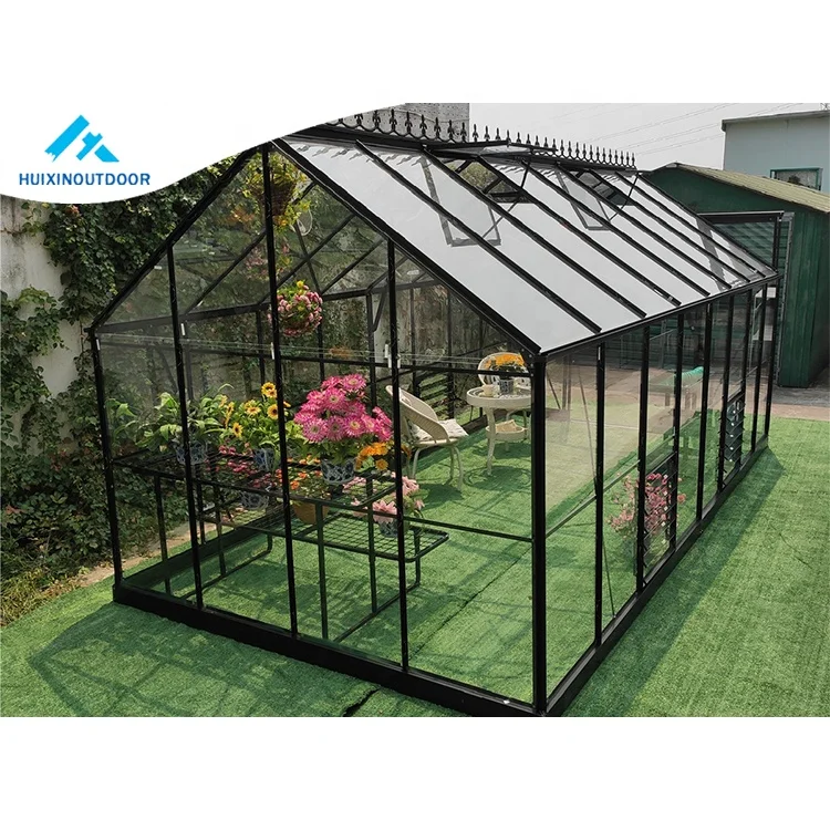 Heavy duty garden glass metal green house aluminum frame outdoor glasshouse kit luxury prefab winter plant greenhouse for home