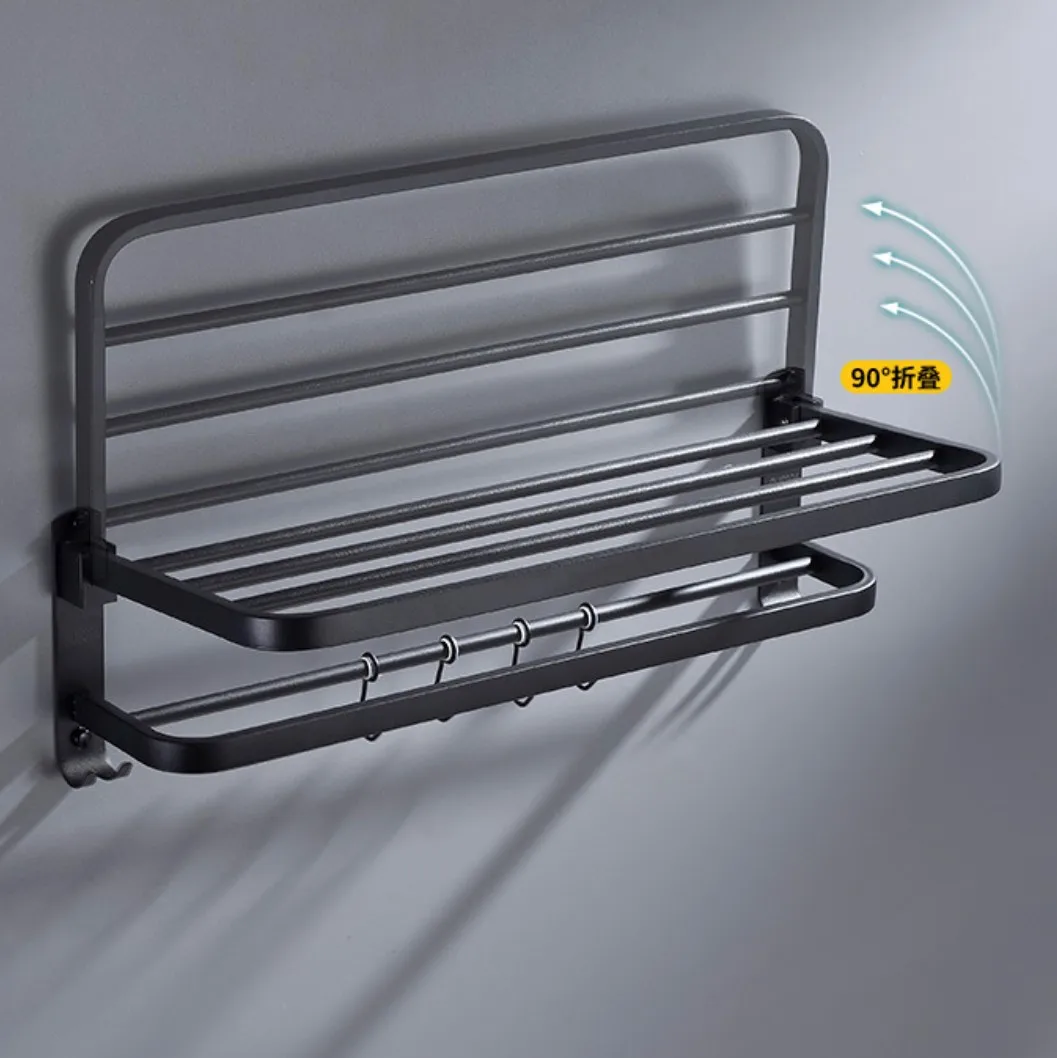 Wholesale Oem Factory Matte Black Aluminum Bathroom Rack Free Punch Towel Bar With Hook Foldable Towel Racks