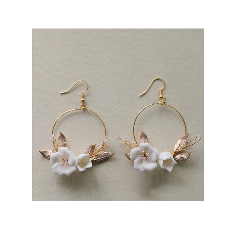 Handmade Ceramic Flower Hoop Earrings Women Porcelain Flower Rhinestone Bridal Earrings