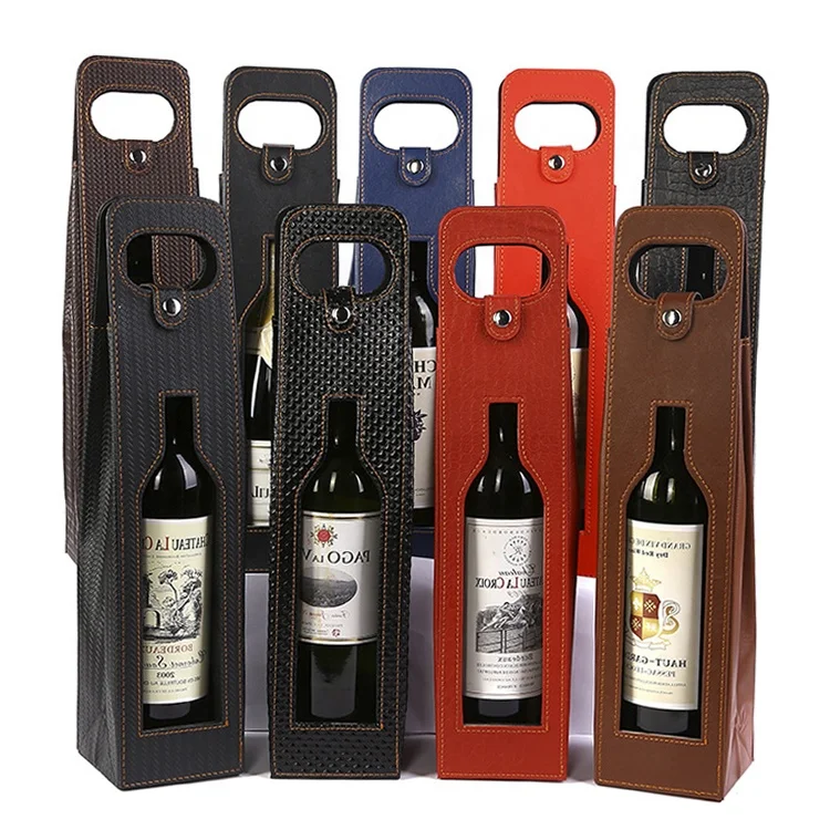 factory wholesale custom high quality PU leather wine bottle bag Hot sale single bottle pack leather wine bag with window