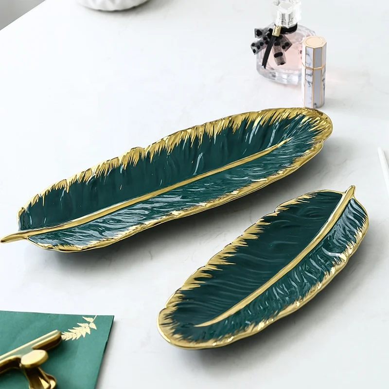 Gold Rim Dark Green Feather Tray Ceramic Dishes & Plates Nordic Luxury Ceramic Fruit Plate Foot Plate