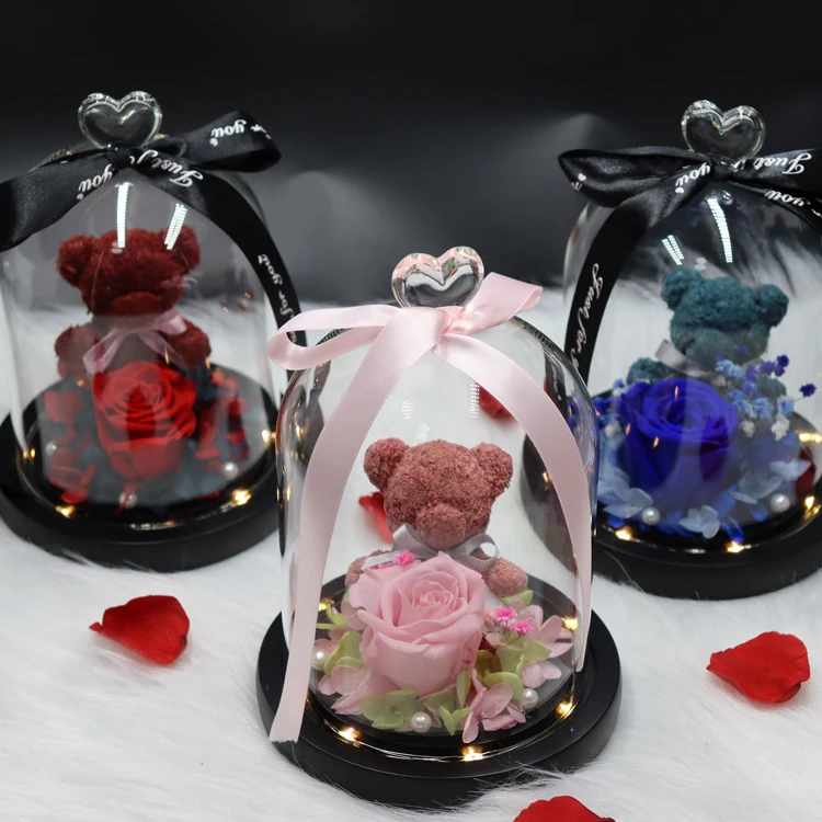 Coshinerose в форме сердца, розы, Медведь, подарок, новый миниатюрный Медведь тедди, сохраненные розы, цветы в стеклянном куполе