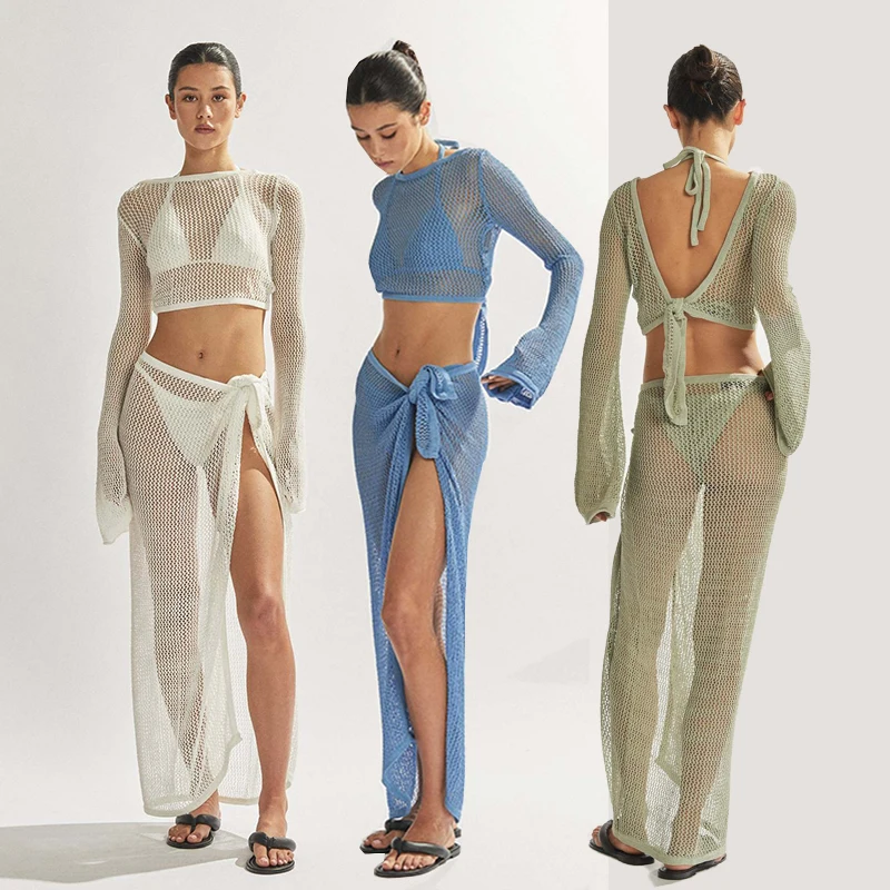 STOCK New Backless Sexy Two Colors Crochet Set For Women Long Sleeve Top Knit Summer Beach Skirt Swimwear Cover Up Bikinis