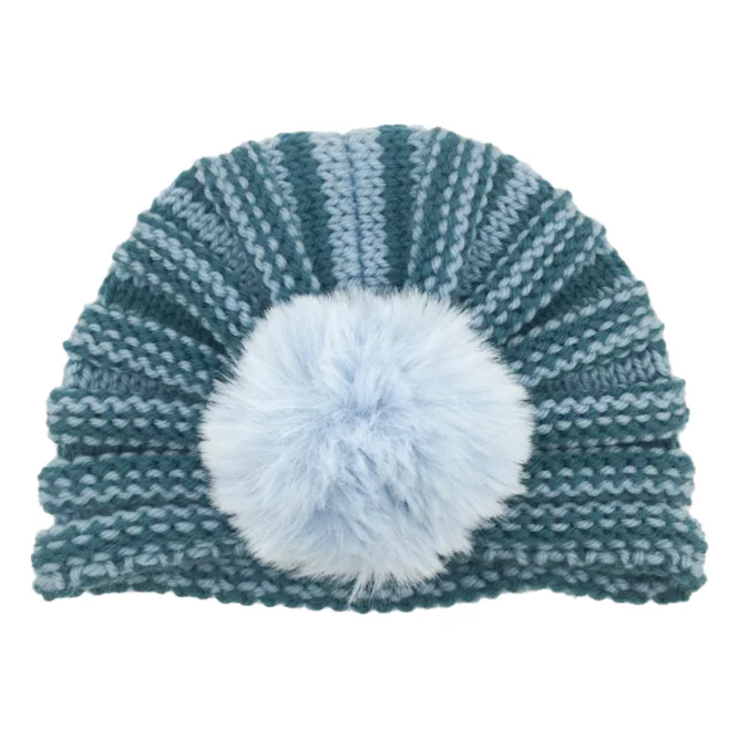 New baby autumn and winter warm hat children striped knitted wool hat baby fur ball hat