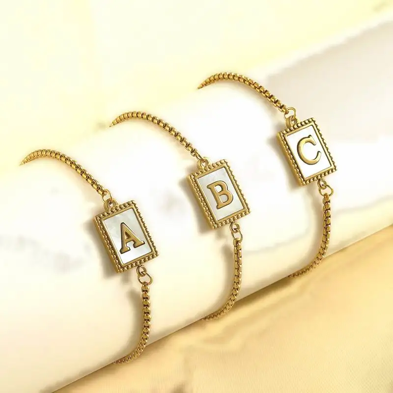 Stainless Steel 18 K Gold Plate Letter bracelet White Shell A-Z 26 Alphabets Rectangular Pendant Initial Sliding Bracelet