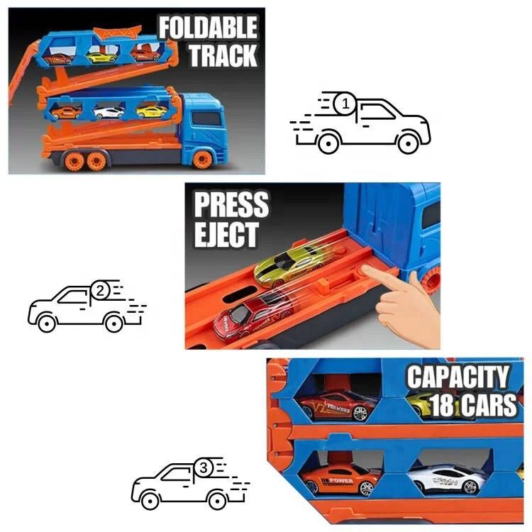 New Vehicle Toy Speed Hauler Storage Truck Transport Carrier and Drag Folding Track with 2 Die-Cast Race Cars Toys for Kids