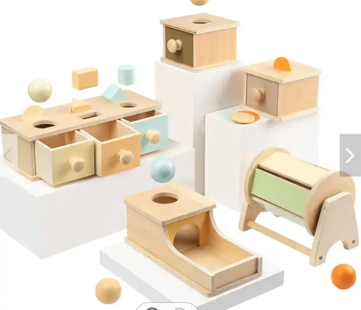 Montessori Kids Wooden Sensory Coin Box Drawer Game Educational Preschool Training Drum Infant Baby Materials Teaching Aids Toys