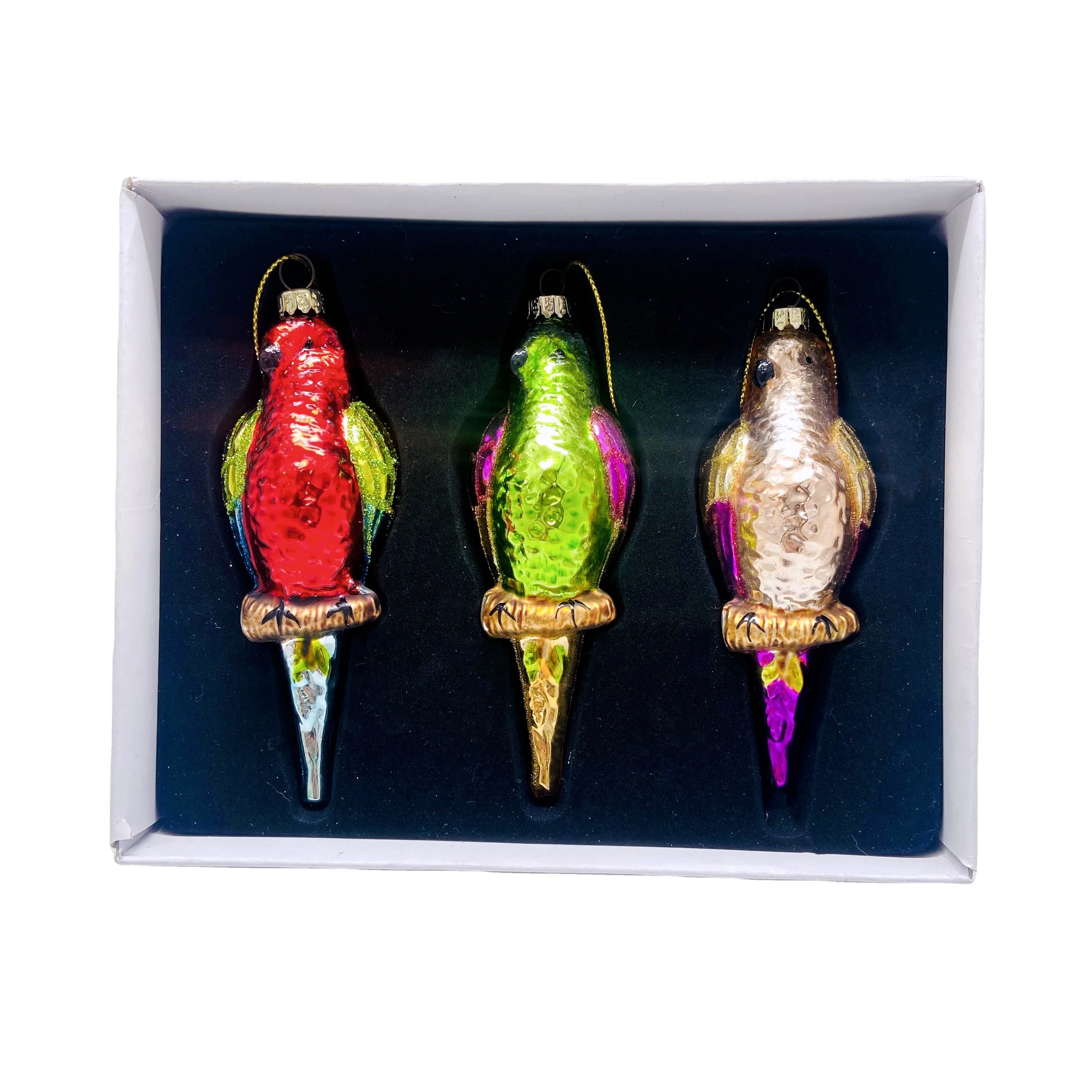 Набор из 3 миниатюрных бабочек в форме попугаев разноцветное зеленое фиолетовое красное стекло Рождественское украшение